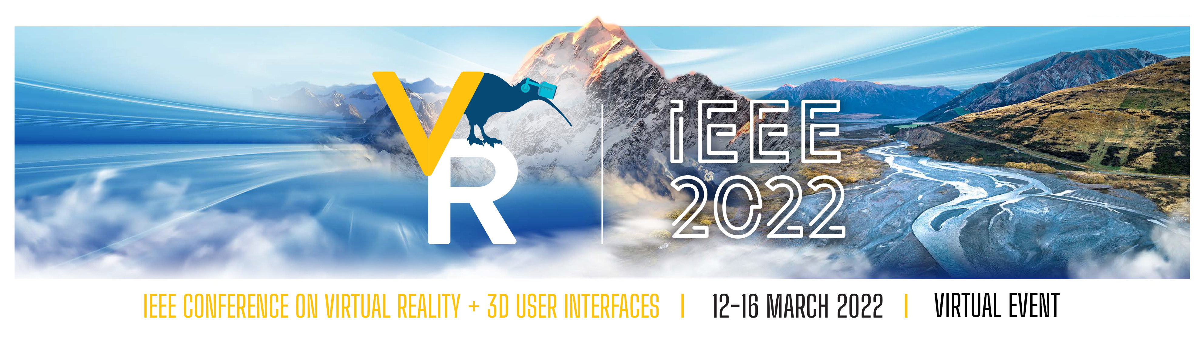 The official banner for the IEEE Conference on Virtual Reality + User Interfaces, comprised of a Kiwi wearing a VR headset overlaid on an image of Mount Cook and a braided river.