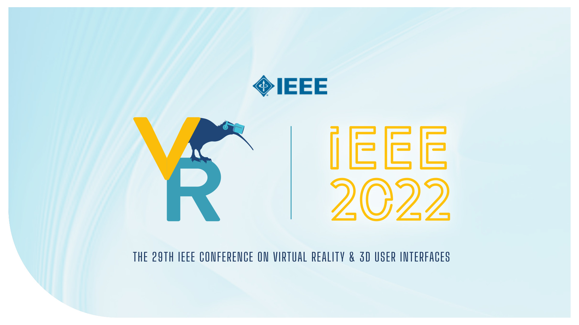 The IEEE VR 2022 logo with an abstract blue swirled background. VR is written with a kiwi wearing a VR headset standing on top of the R.