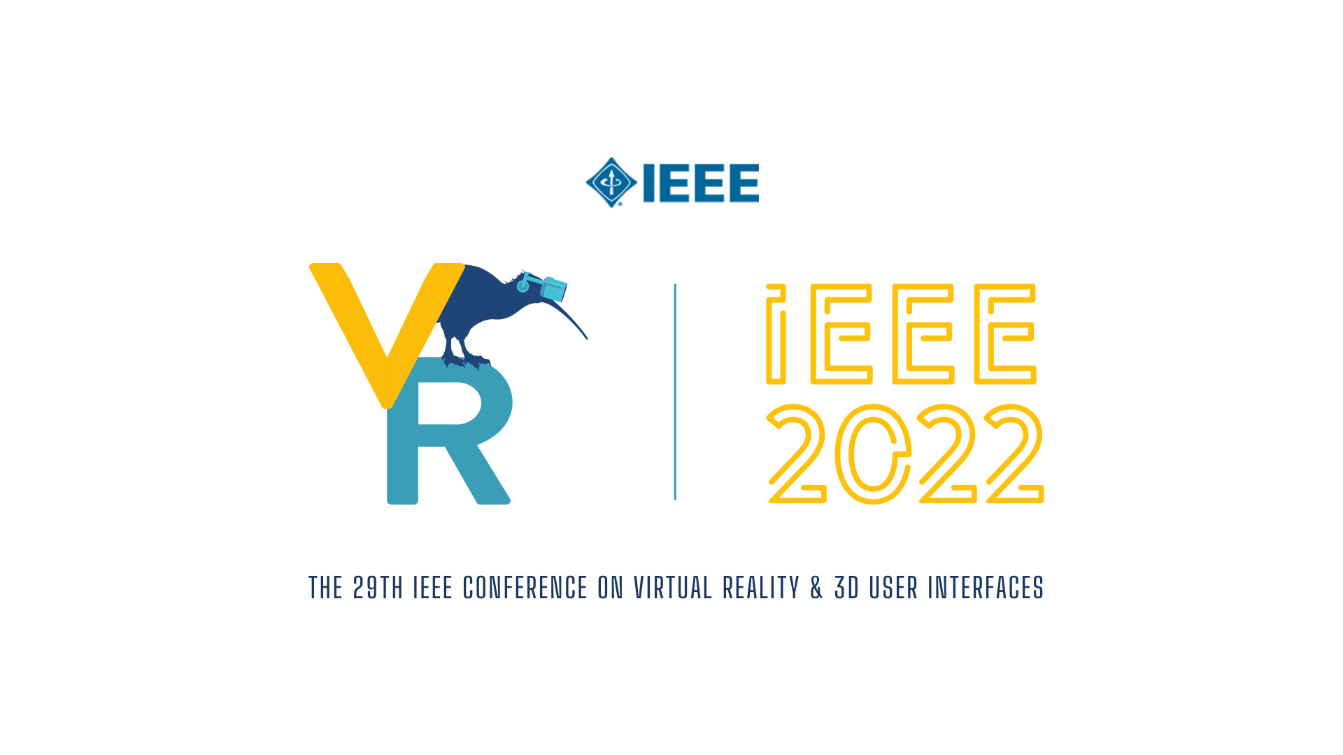 The IEEE VR 2022 logo with a white background. VR is written with a kiwi wearing a VR headset standing on top of the R.
