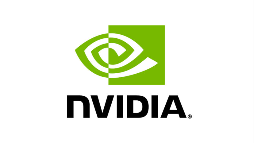 NVIDIA's logo. Their name is written under a green and white spiral with a green rectangle covering its right half.