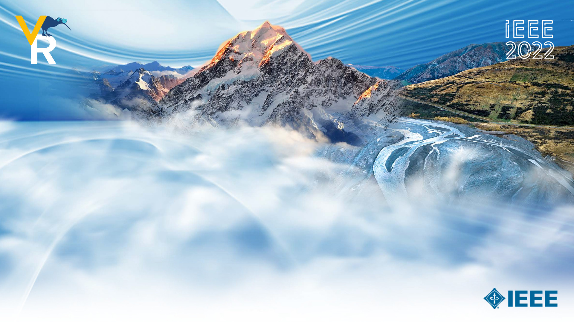 An abstract image of a mountain with the IEEE VR logo overlaid. To be used as a Zoom background.