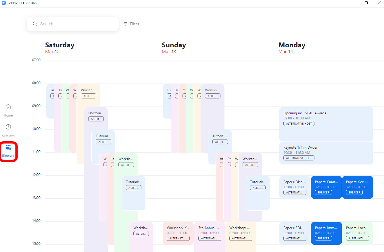 The itinerary window showing a personalised conference schedule. The Itinerary button halfway down the left edge of the window is also circled.