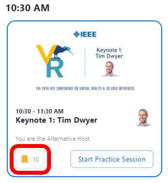 A session card with the bookmark button in the lower left corner circled.