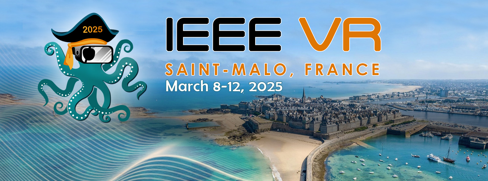 The official banner for the IEEE Conference on Virtual Reality + User Interfaces, comprised of a Kiwi wearing a VR headset overlaid on an image of Mount Cook and a braided river.